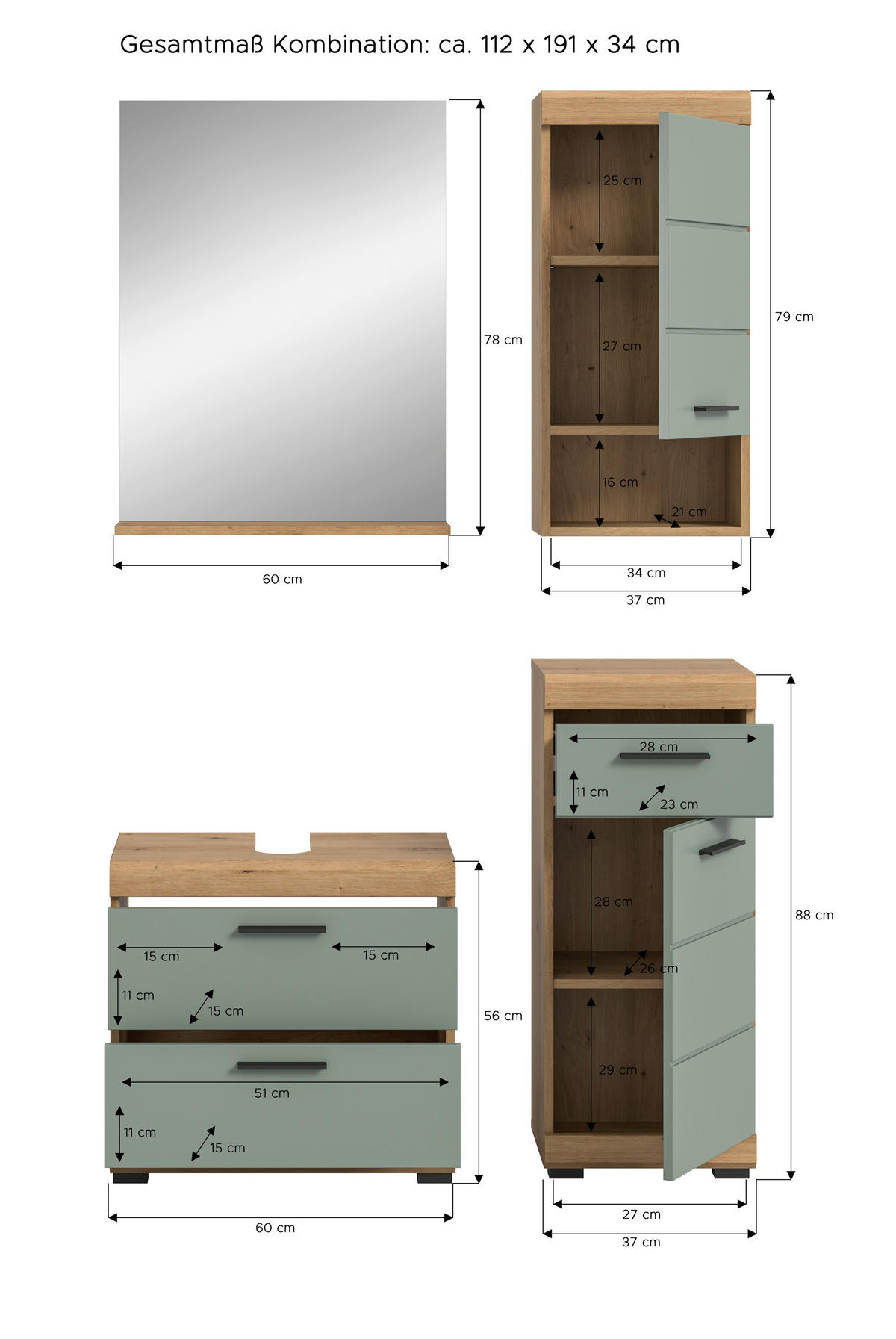 Badezimmer-Set Scout Eiche Artisan Nachbildung salbei Nachbildung B/H/T: ca. 112x191x37 cm Scout - Eiche/salbei (112,00/191,00/37,00cm) - xonox.home