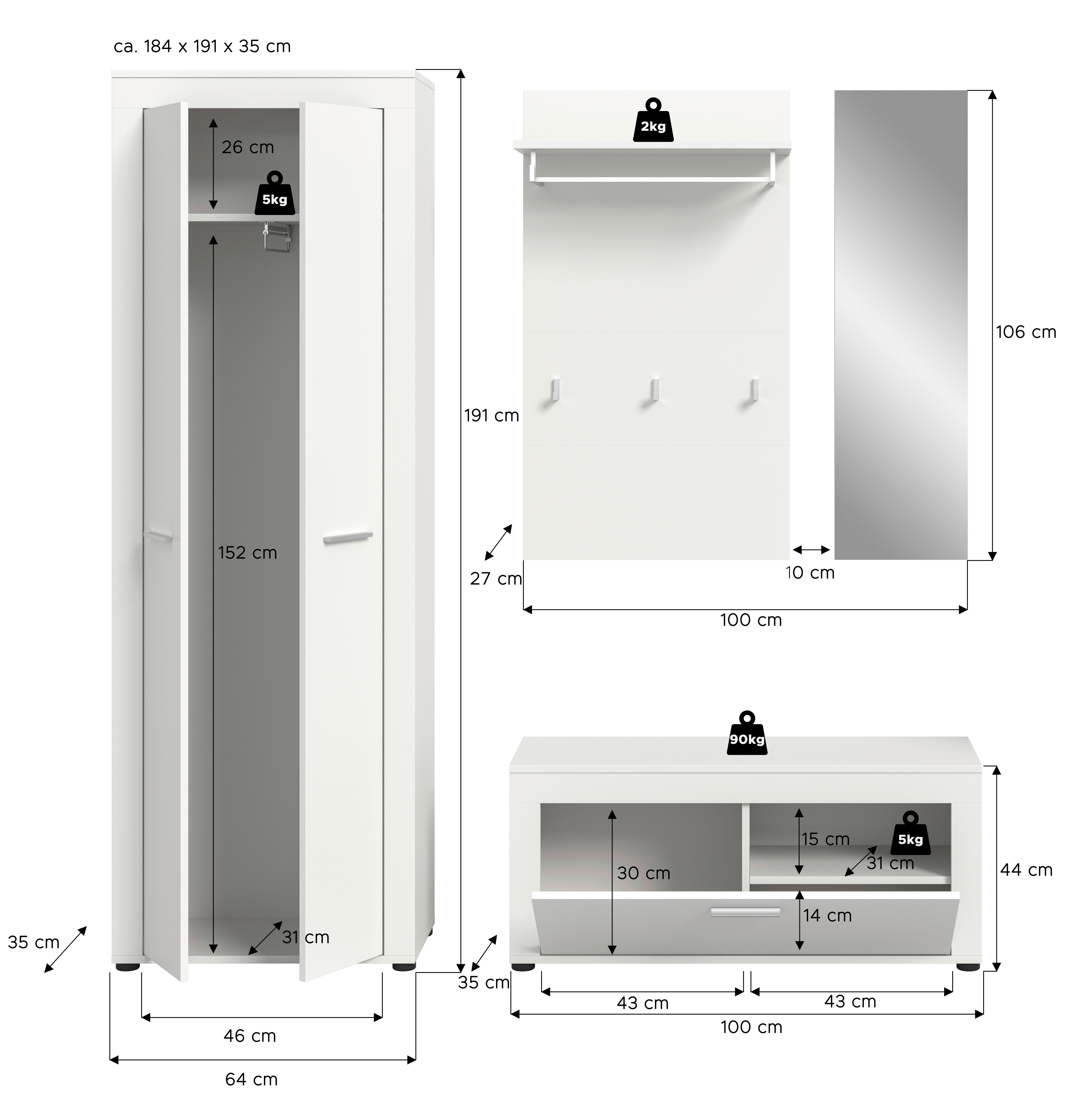 Thumbnail - Garderobe JAM weiß B/H/T: ca. 184x191x35 cm