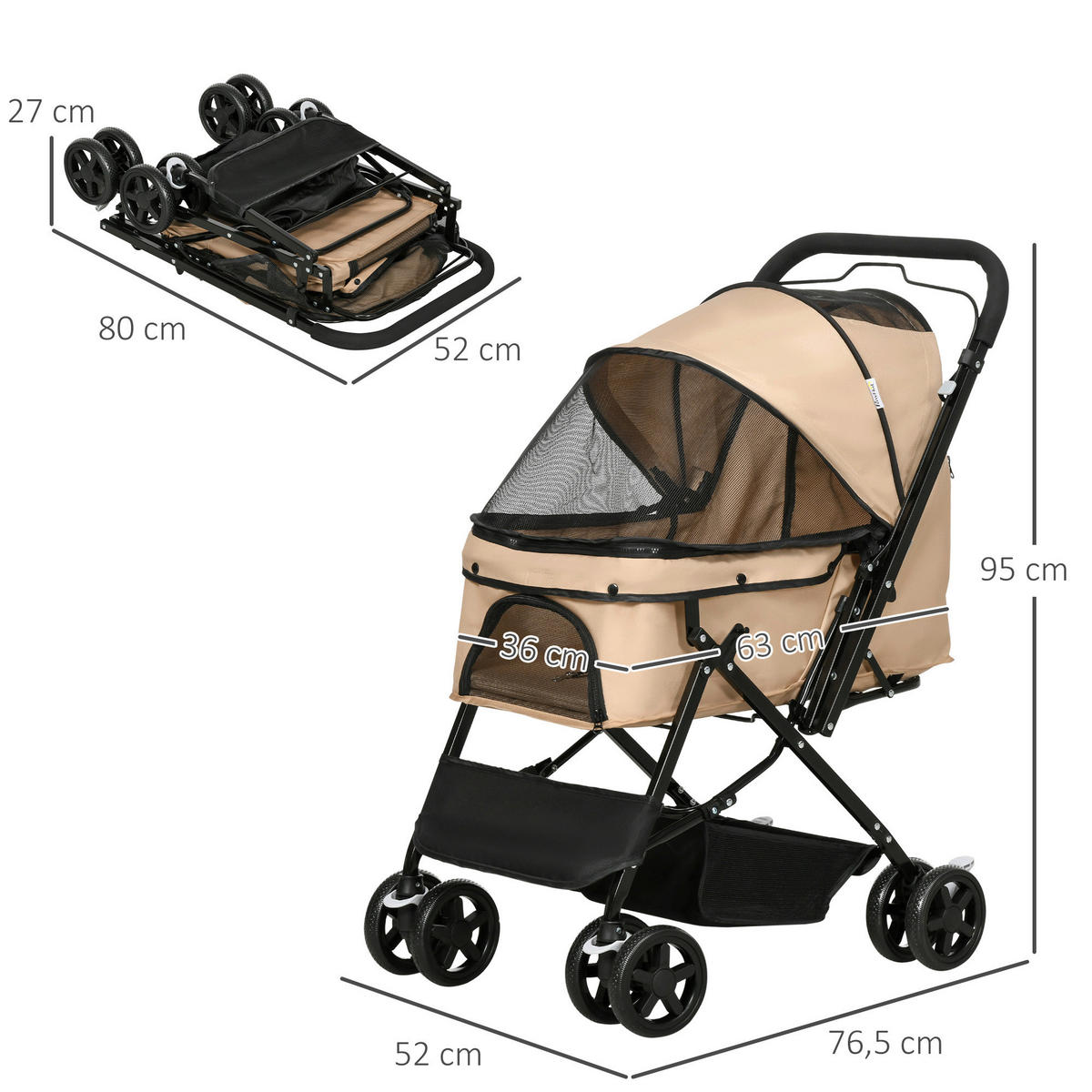 PawHut Hunde-Zubehör braun Edelstahl B/H/L: ca. 52x76,5x95 cm Hundebuggy - braun (95,00/52,00/76,50cm) - PawHut