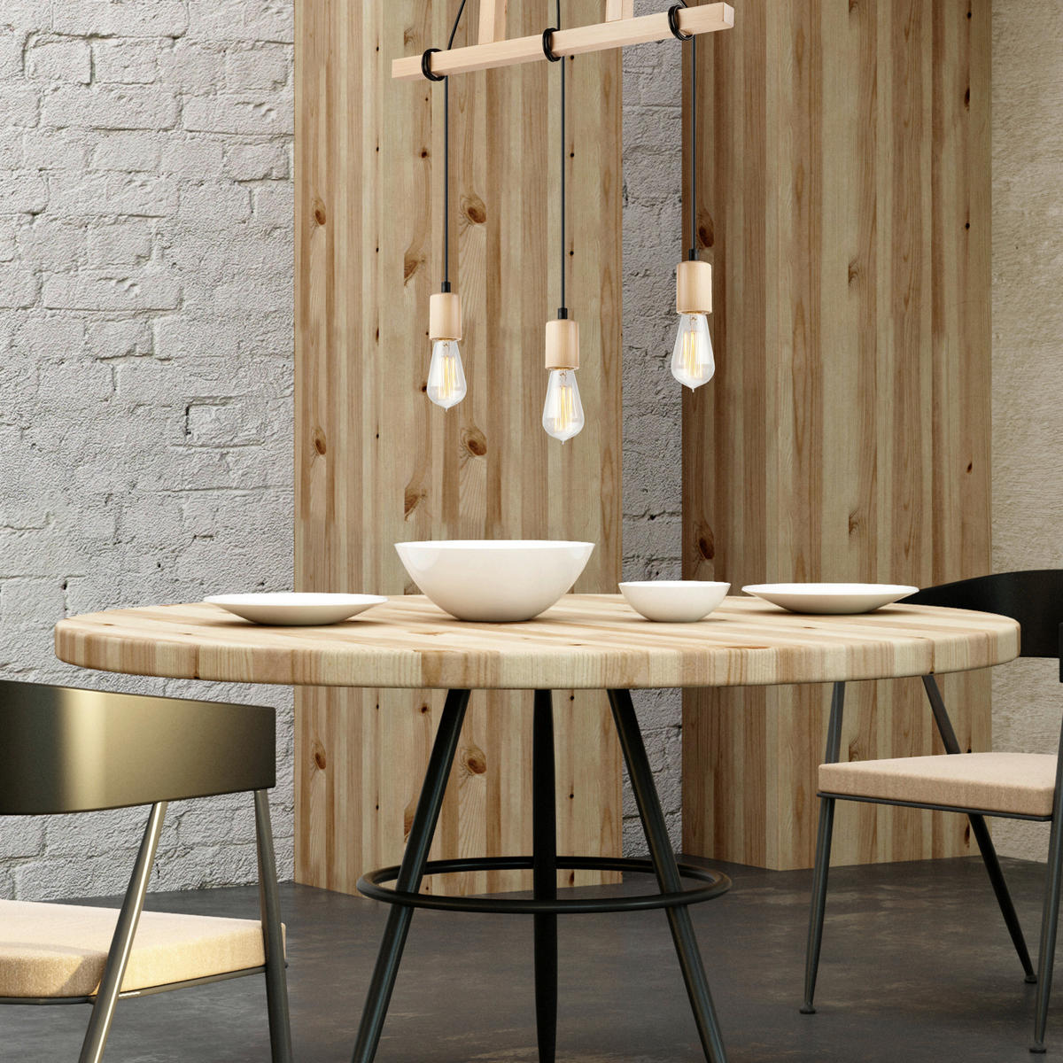 Lamkur Pendelleuchte LEON 34799 natur Stahl Holz H/L: ca. 74x60 cm E27 3 Brennstellen Leon - natur (60,00cm) - Lamkur