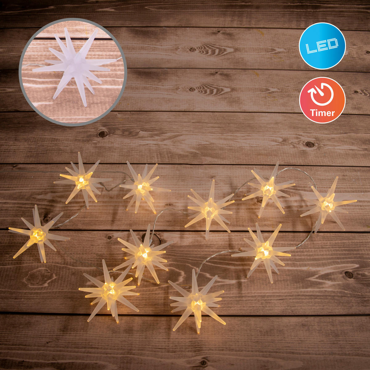Näve Leuchten LED-Lichterkette weiß Kunststoff B/H/T: ca. 10x10x165 cm 10er-LED-Lichterkette 3D-STERNE - weiß (10,00/10,00/165,00cm) - Näve Leuchten
