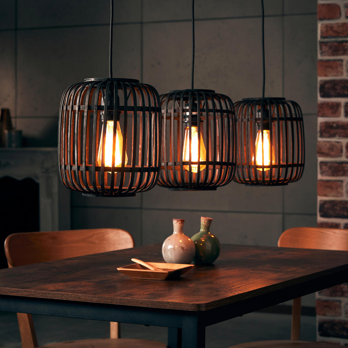 Brilliant Pendelleuchte Woodrow 93778/76 natur schwarz Bambus Metall B/H/T: ca. 105x125x21,5 cm E27 3 Brennstellen Pendelleuchte Woodrow 93778/76 - natur/schwarz (105,00/125,00/21,50cm) - Brilliant