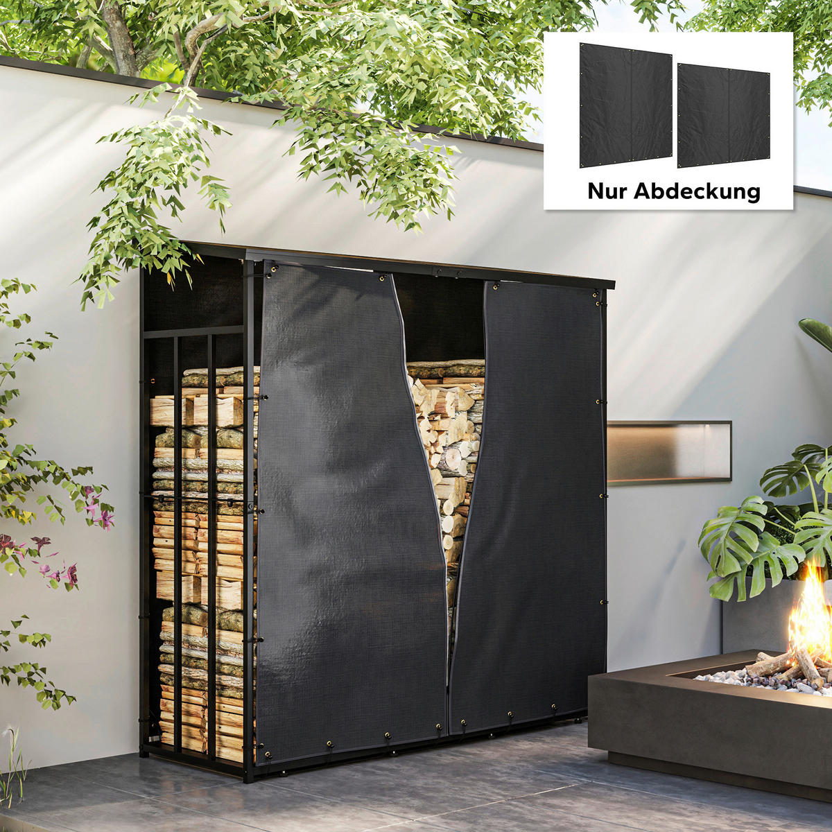 Outsunny Kaminholzregal Abdeckung schwarz Polyester B/H/L: ca. 1x173x174 cm Kaminholzregal Abdeckung - schwarz (174,00/1,00/173,00cm) - Outsunny