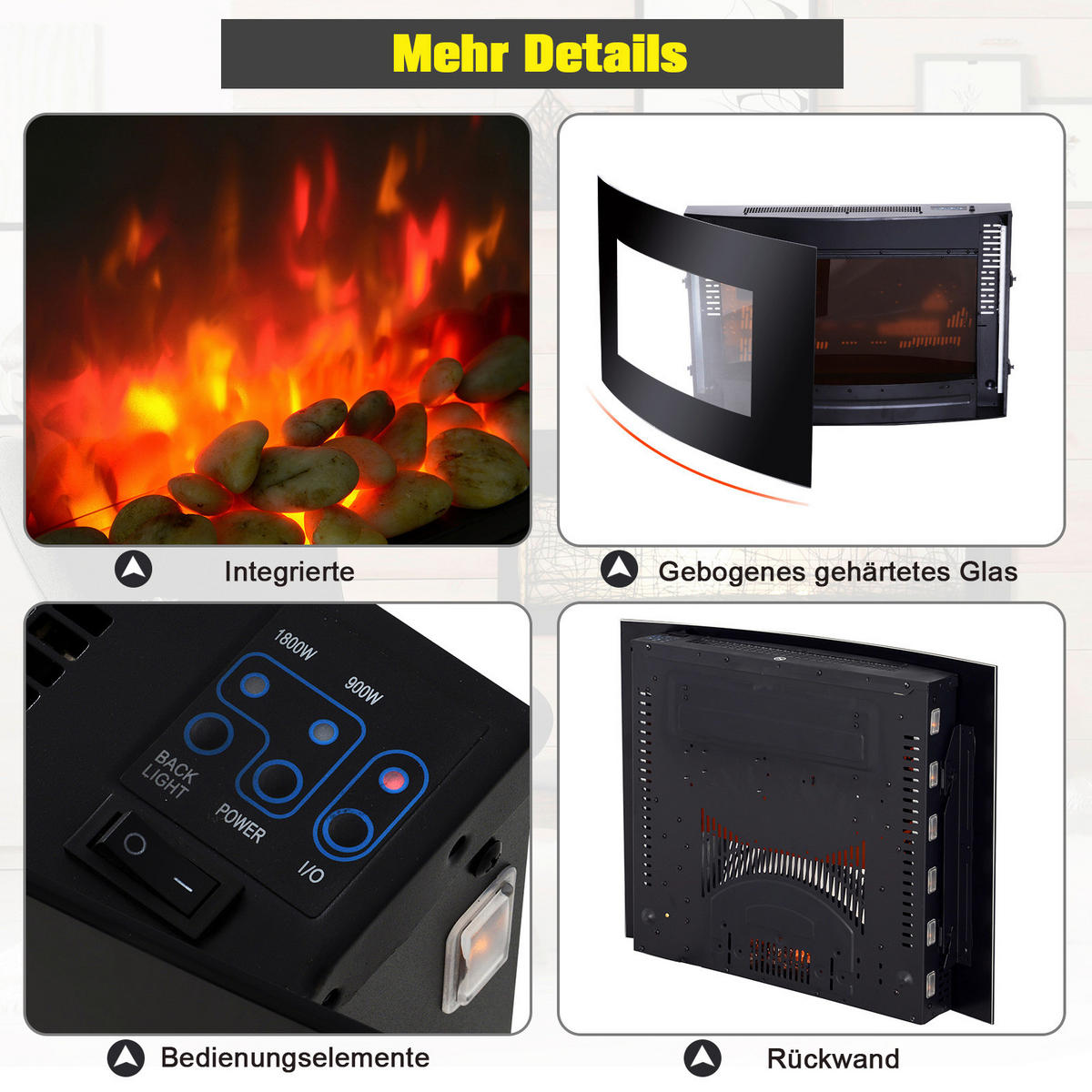 HOMCOM Elektrischer-Kamin 820-053 schwarz Metall Glas B/H/T: ca. 65x52x11,5 cm ca. 1800 W Elektrokamin 820-053 - schwarz (65,00/52,00/11,50cm) - HOMCOM