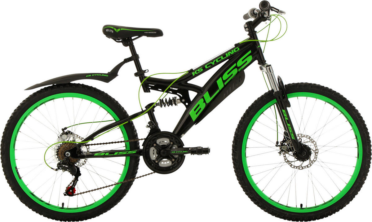 KS-Cycling Kinderrad Bliss Jugendfahrrad Mountainbike Fully Bliss 24 Zoll Rahmenhöhe 38 cm 18 Gänge schwarz schwarz ca. 24 Zoll Bliss - schwarz/grün - KS-Cycling