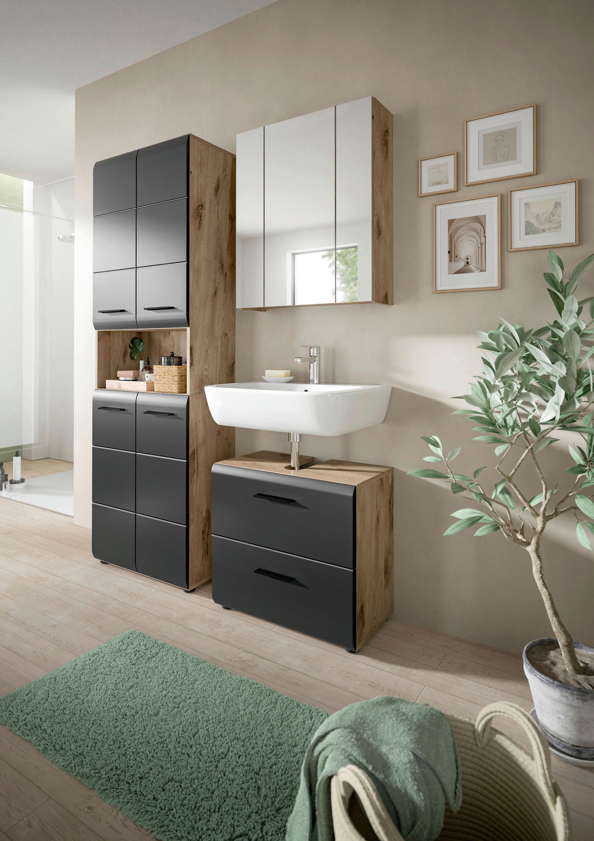 Badezimmer-Set Ice Nox Oak Nachbildung schwarz matt B/H/T: ca. 135x185x30 cm Ice - schwarz (135,00/185,00/30,00cm) - xonox.home