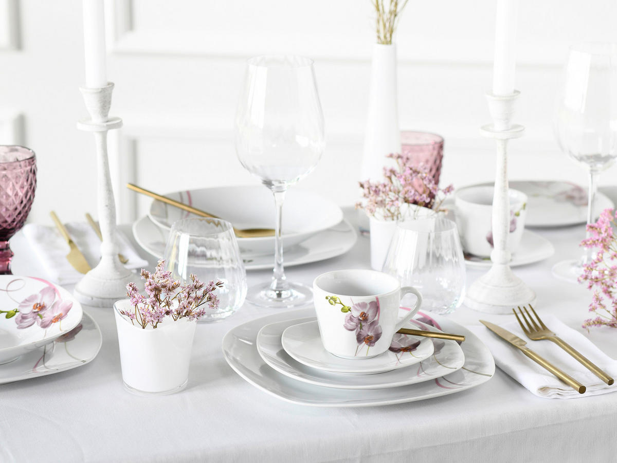 CreaTable Kombiservice Square Orchidee weiß Porzellan 62 tlg. Square Orchidee - weiß/mauve - CreaTable