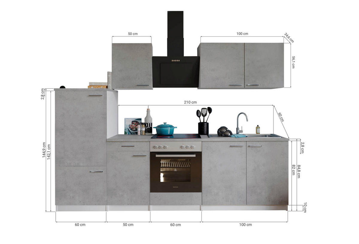 Respekta Küchenblock Malia Beton Optik B/H/T: ca. 270x200x60 cm Malia - Beton/weiß (270,00/200,00/60,00cm) - Respekta