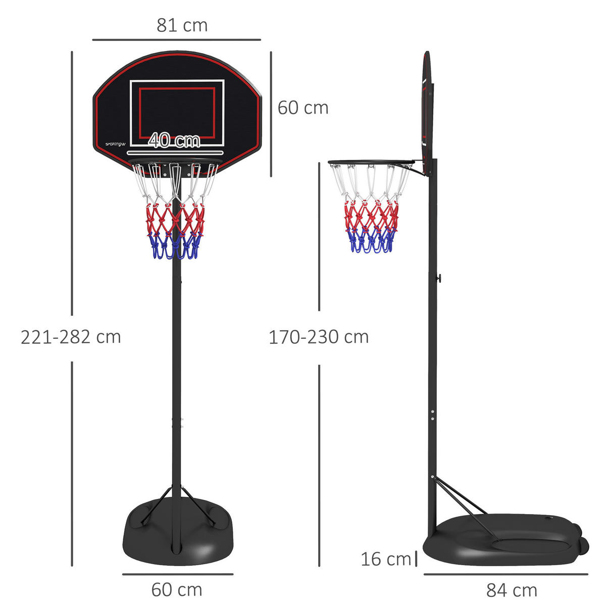 SPORTNOW Basketballständer schwarz Stahl B/H/L: ca. 60x282x84 cm Basketballständer - schwarz (84,00/60,00/282,00cm) - SPORTNOW
