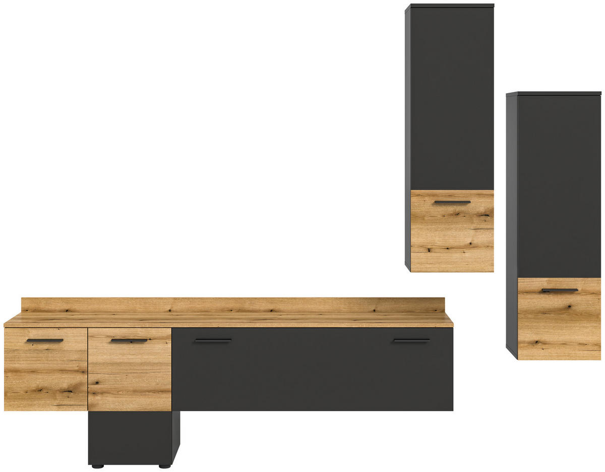 Wohnwand Goal grau Evoke Oak Nachbildung B/H/T: ca. 247x196x37 cm Goal - grau (247,00/196,00/37,00cm) - xonox.home