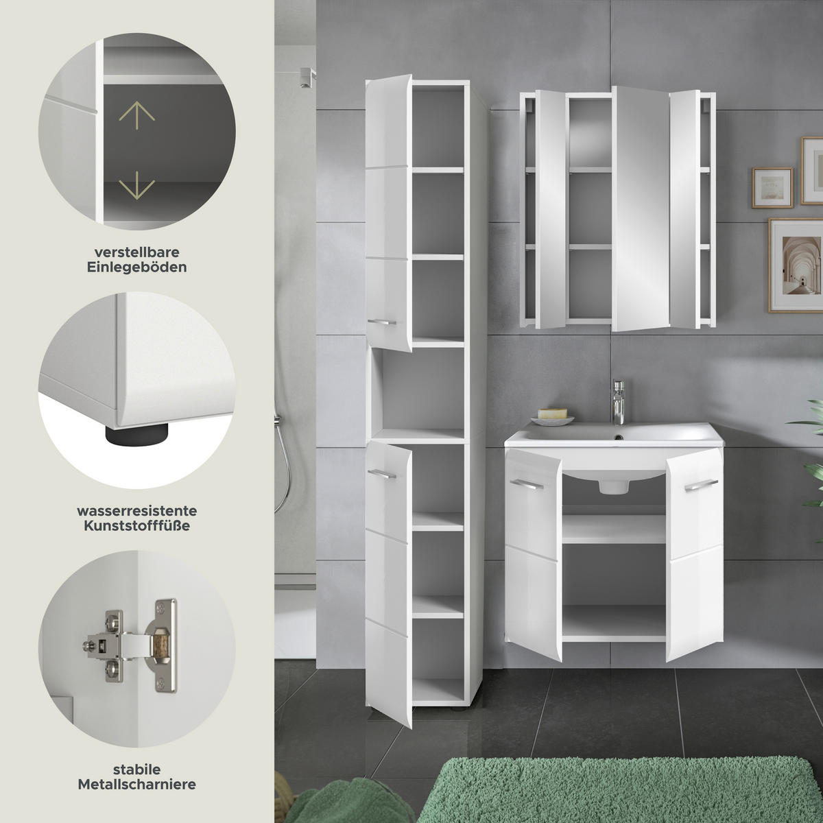 Badezimmer-Set Ice weiß weiß Hochglanz B/H/T: ca. 105x185x46 cm Ice - weiß (105,00/185,00/46,00cm) - xonox.home