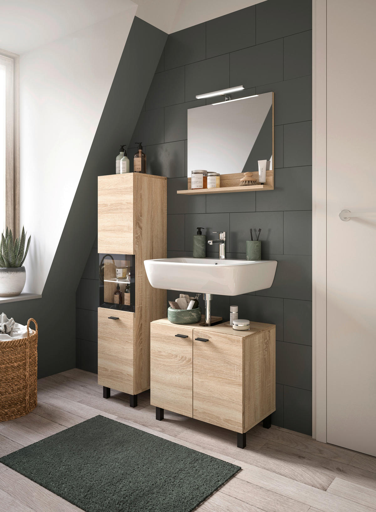 Badezimmer-Set BOSTON Eiche Sonoma Nachbildung schwarz B/H/T: ca. 102x186x33 cm BOSTON - Eiche/schwarz (102,00/186,00/33,00cm) - xonox.home