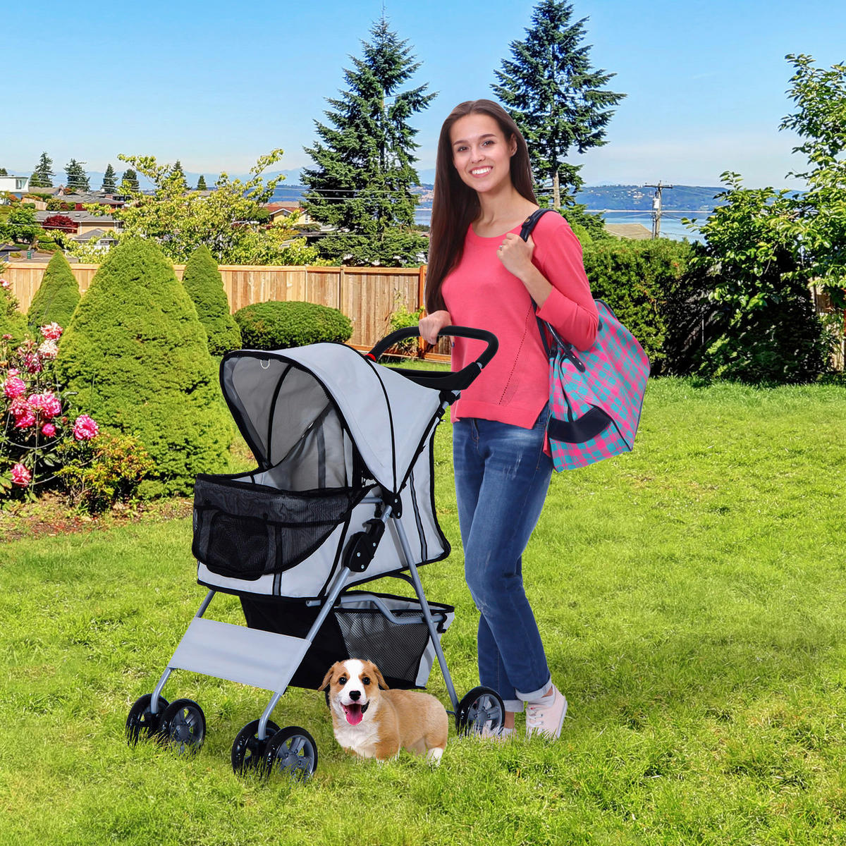 PawHut Hundewagen grau Polyester-Mischgewebe B/H/L: ca. 36x52x55 cm Hundewagen - schwarz/grau (55,00/36,00/52,00cm) - PawHut