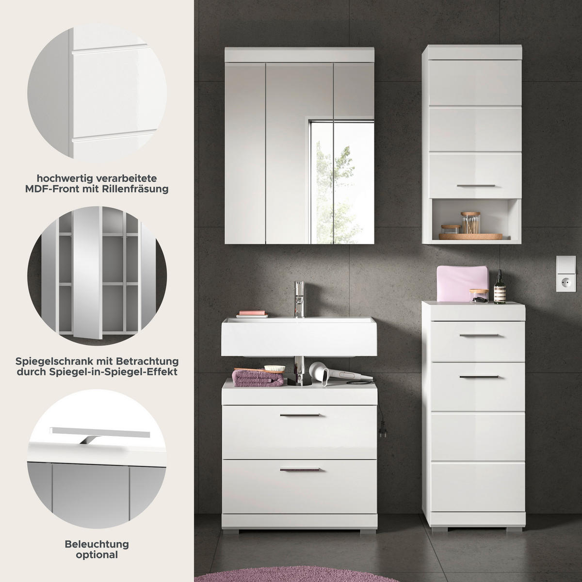 Badezimmer-Set Scout weiß weiß Hochglanz B/H/T: ca. 112x191x37 cm Scout - weiß (112,00/191,00/37,00cm) - xonox.home