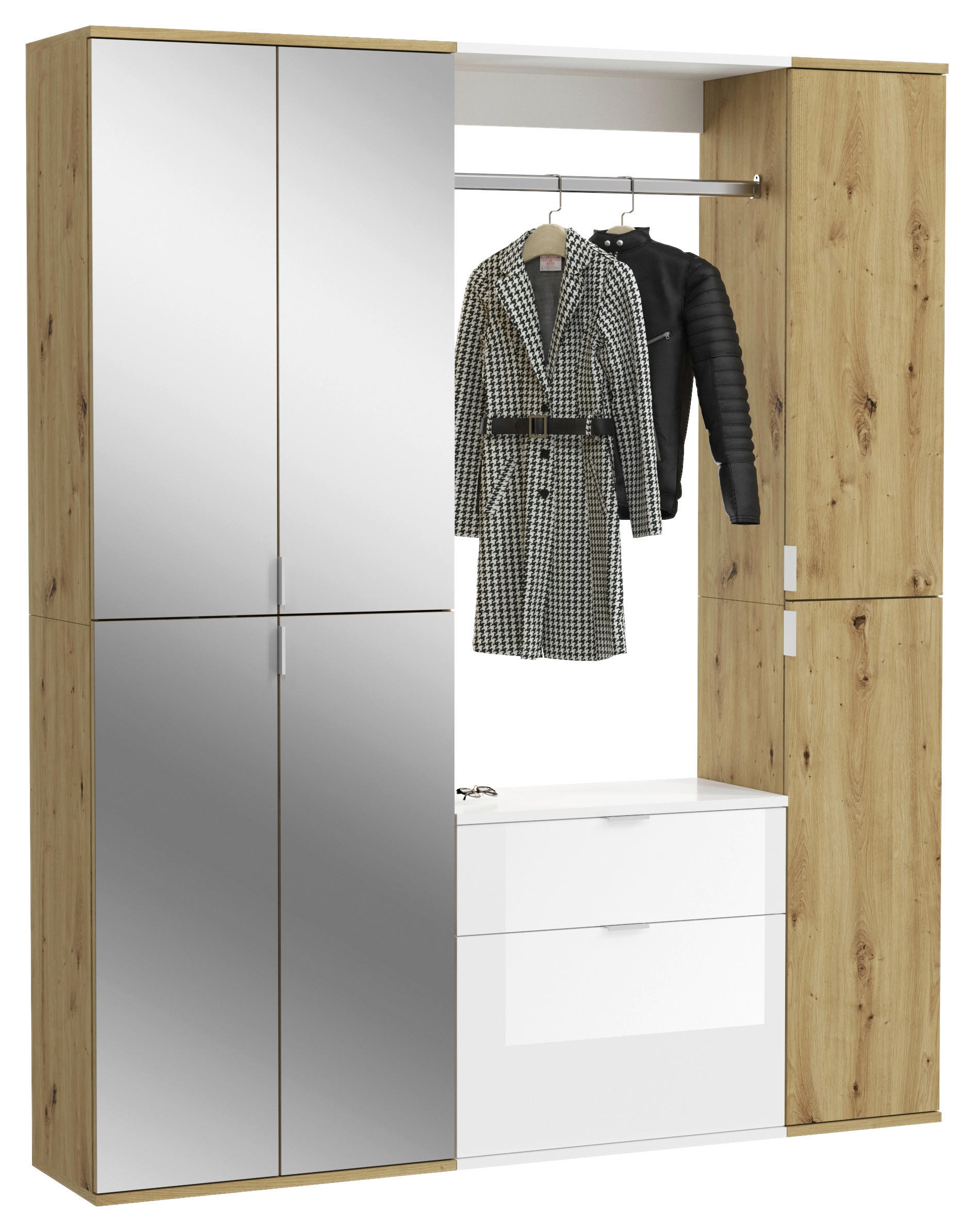 Garderobe PROJEKT Eiche Artisan Nachbildung weiß Hochglanz Spiegel B/H/T: ca. 152x193x34 cm PROJEKT - Eiche/weiß (152,00/193,00/34,00cm) - xonox.home