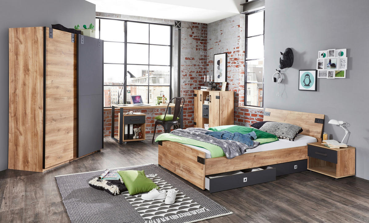 Bett Liverpool Eiche Plankeneiche Nachbildung Graphit B/T: ca. 120x200 cm Liverpool - Eiche/Graphit (120,00/200,00cm)