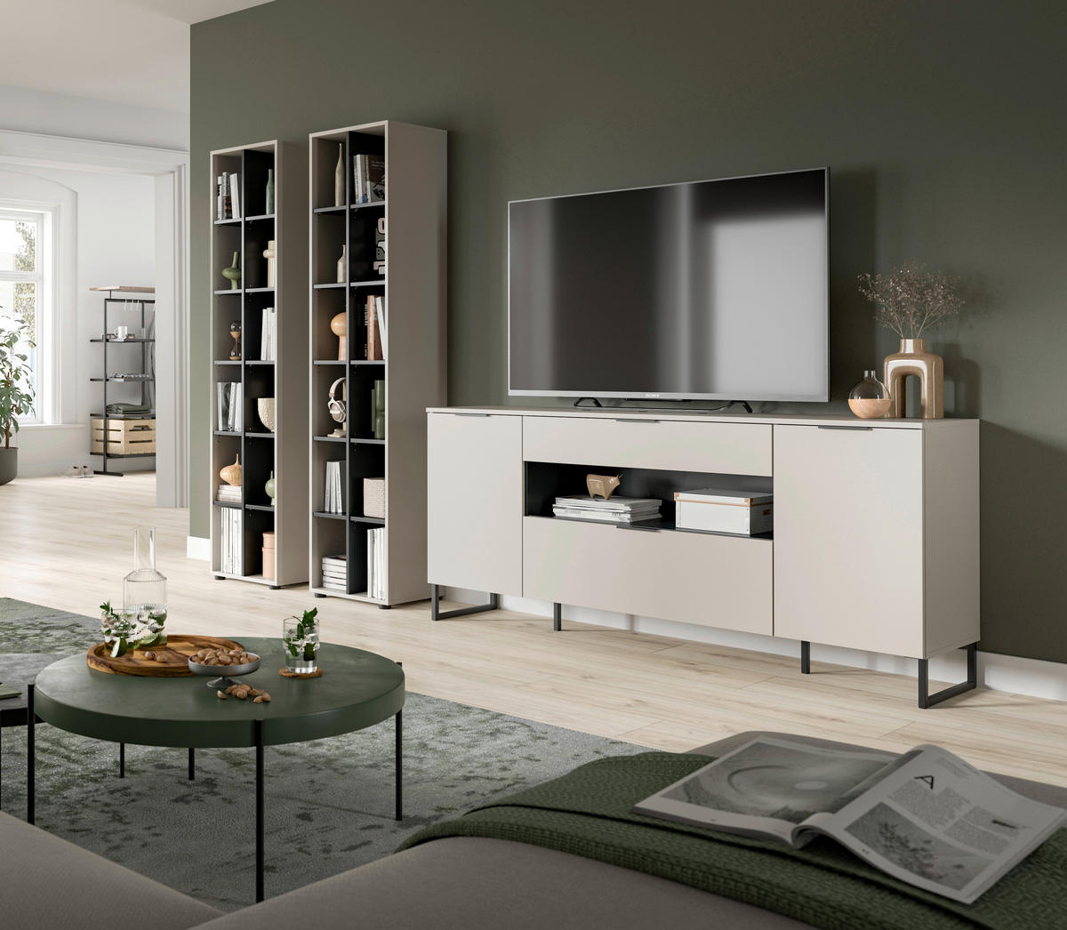 Wohnwand Noida Kaschmirgrau Nachbildung schwarz B/H/T: ca. 305x192x41 cm Noida - schwarz (305,00/192,00/41,00cm) - xonox.home