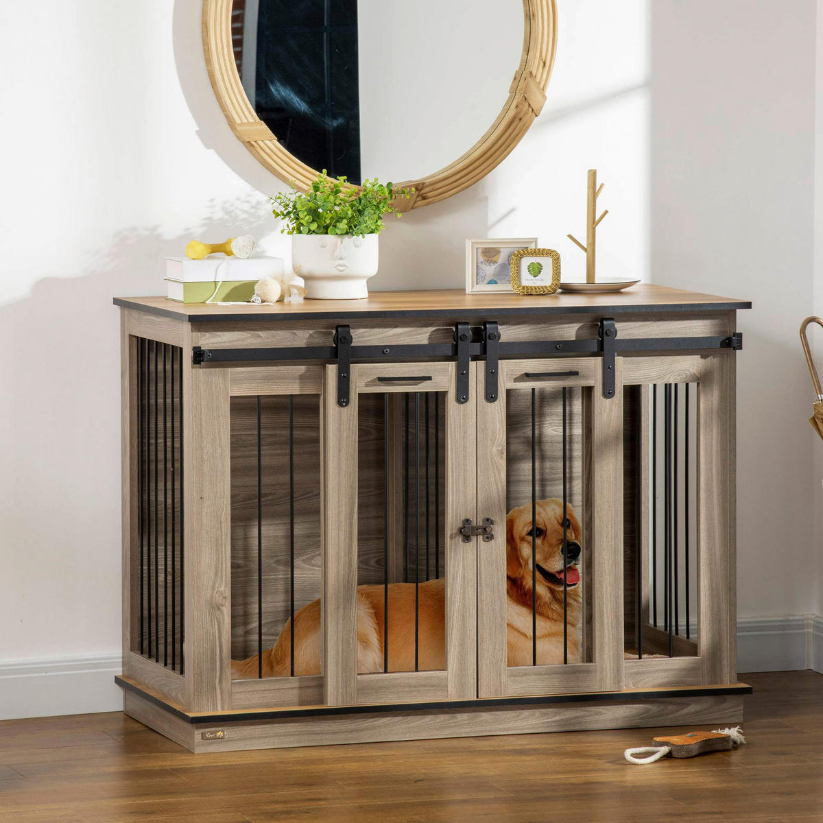 PawHut Hunde-Zubehör Eiche Polypropylen B/H/L: ca. 60x120x88,5 cm Hundekäfig - Eiche (88,50/60,00/120,00cm) - PawHut