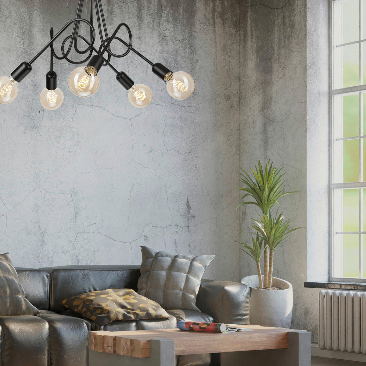 Lamkur Kronleuchter schwarz Stahl B/H/L: ca. 39x54x54 cm E27 5 Brennstellen Lizzy - schwarz (54,00/39,00/54,00cm) - Lamkur