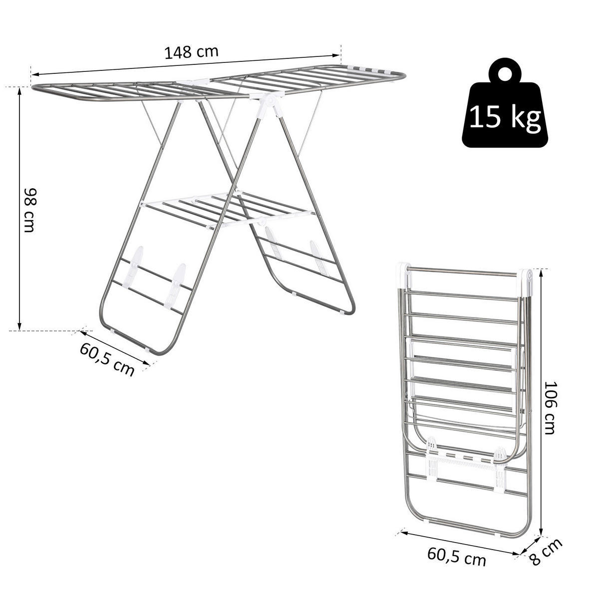 HOMCOM Wäscheständer silber Edelstahl Wäscheständer klappbar - weiß/silber - HOMCOM