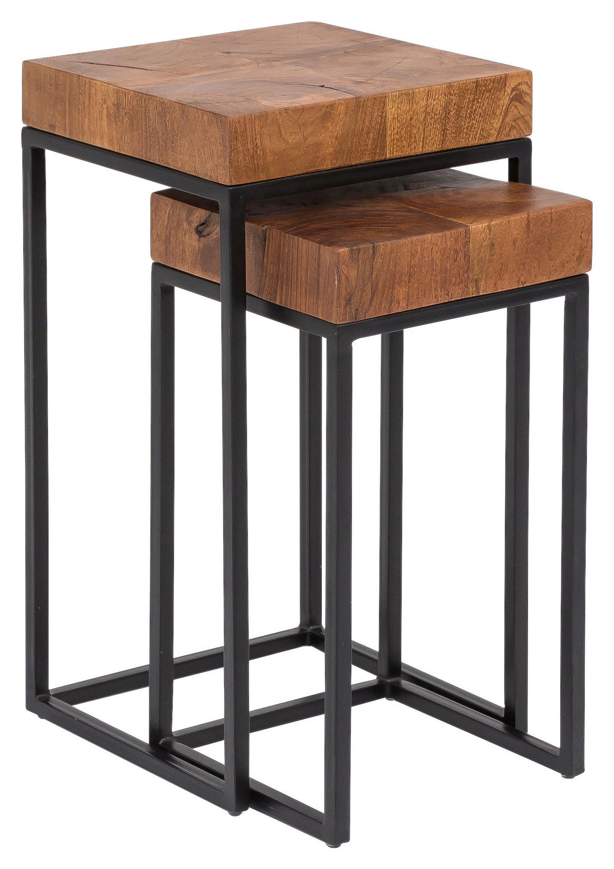 Beistelltisch 2er-Set natur schwarz lackiert Echtholz Eisen 2er-Set - natur/schwarz - Wohnling