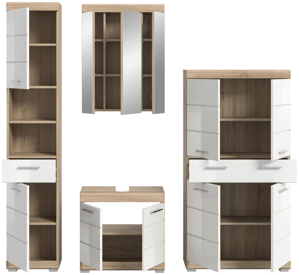 Badezimmer-Set Lambada Eiche Sonoma Nachbildung weiß Hochglanz B/H/T: ca. 186x191x34 cm Lambada - Eiche/weiß (186,00/191,00/34,00cm) - xonox.home
