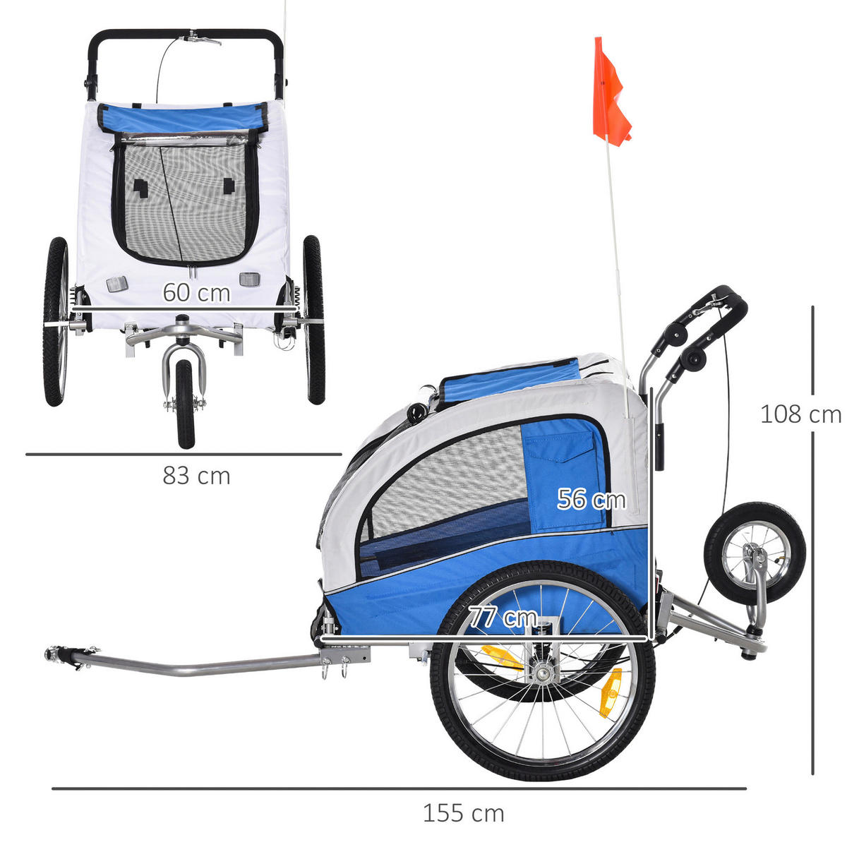 PawHut Fahrradanhänger 20 Zoll grau grau B/H/L: ca. 90x110x130 cm Radanhänger f. Hunde 5663-1291 - blau/grau (130,00/90,00/110,00cm) - PawHut