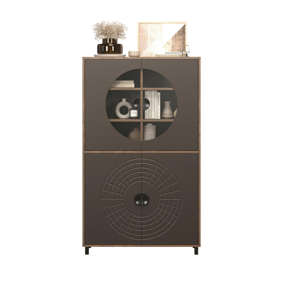 Highboardvitrine Fusion Eiche dunkel Nachbildung bronze Optik B/H/T: ca. 97x163x42 cm Fusion - Eiche/bronze (97,00/163,00/42,00cm)