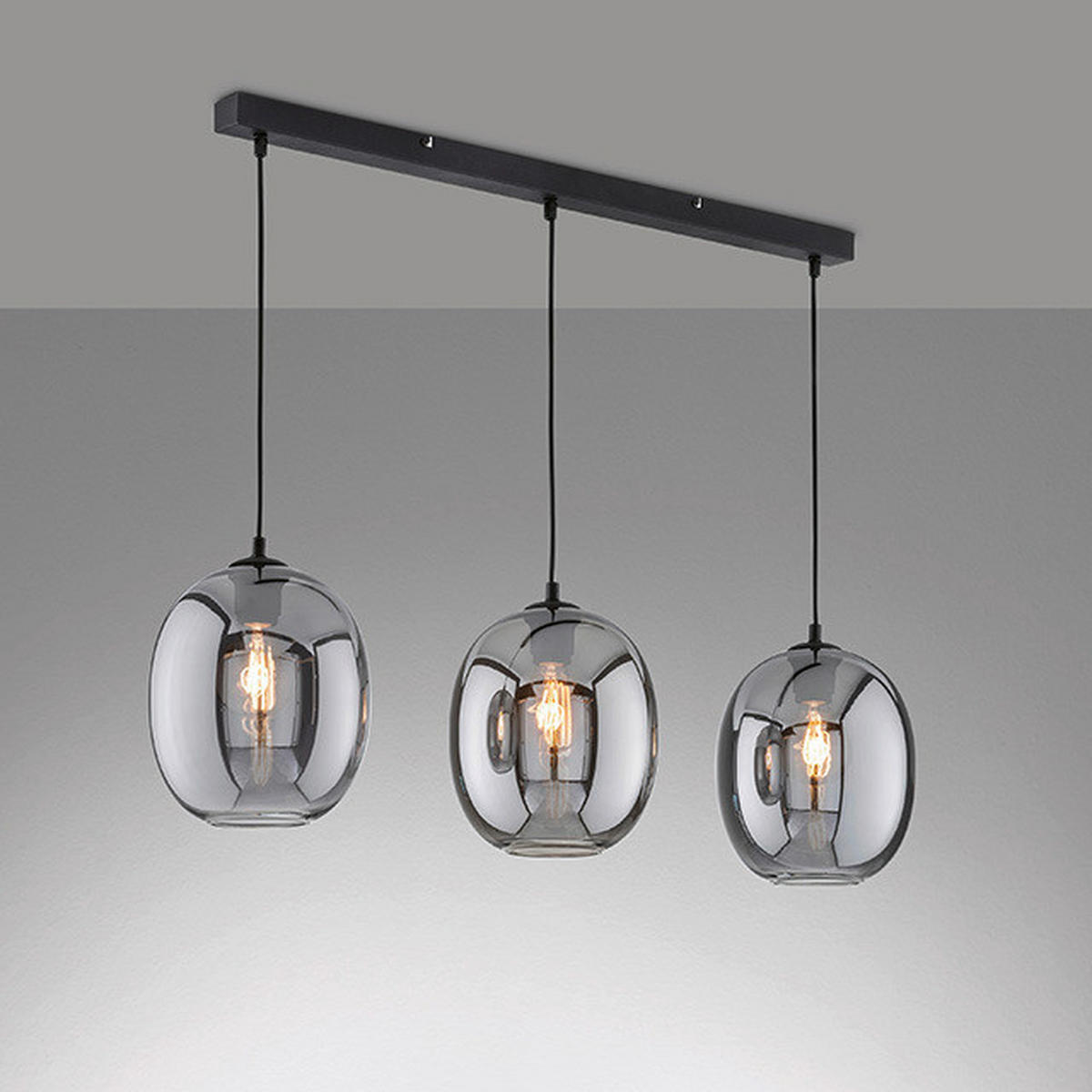 Fischer & Honsel Pendelleuchte schwarz Rauch Metall Glas B/H/T: ca. 95x150x21 cm E27 3 Brennstellen Nayla - schwarz/Rauch (95,00/150,00/21,00cm) - Fischer & Honsel