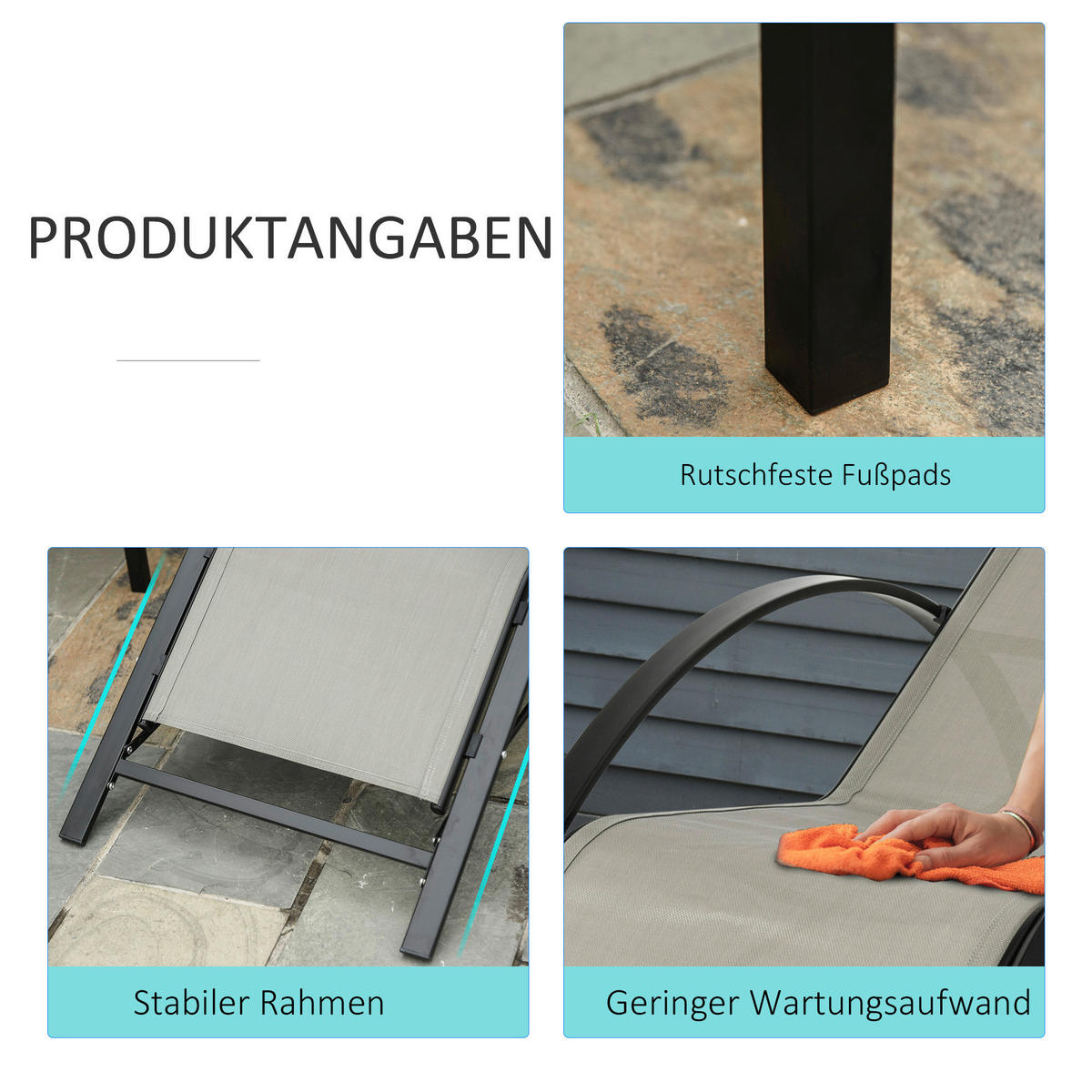 Outsunny Gartenliege schwarz Edelstahl B/H/L: ca. 169x59x66 cm Gartenliege-Set - schwarz/grau (66,00/169,00/59,00cm) - Outsunny