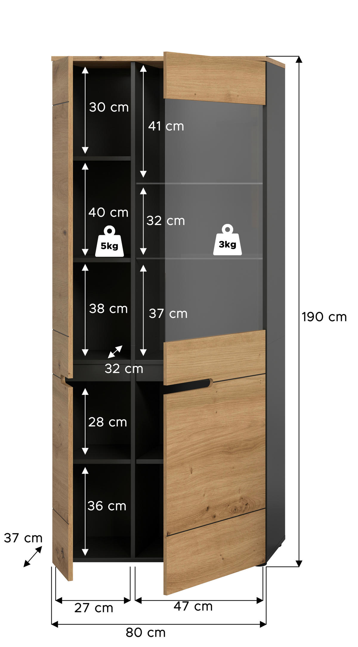 Vitrine Canu basaltgrau Nachbildung Artisan Oak Nachbildung B/H/T: ca. 190x80x37 cm Canu - basaltgrau (190,00/80,00/37,00cm) - xonox.home