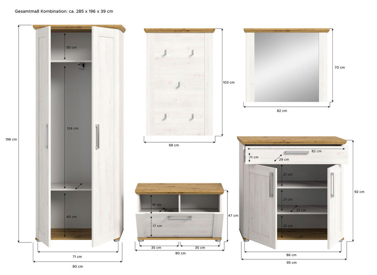 Garderobe Verona Sibiu Lärche Nachbildung Eiche Artisan Nachbildung B/H/T: ca. 285x196x39 cm Verona - Eiche (285,00/196,00/39,00cm) - xonox.home