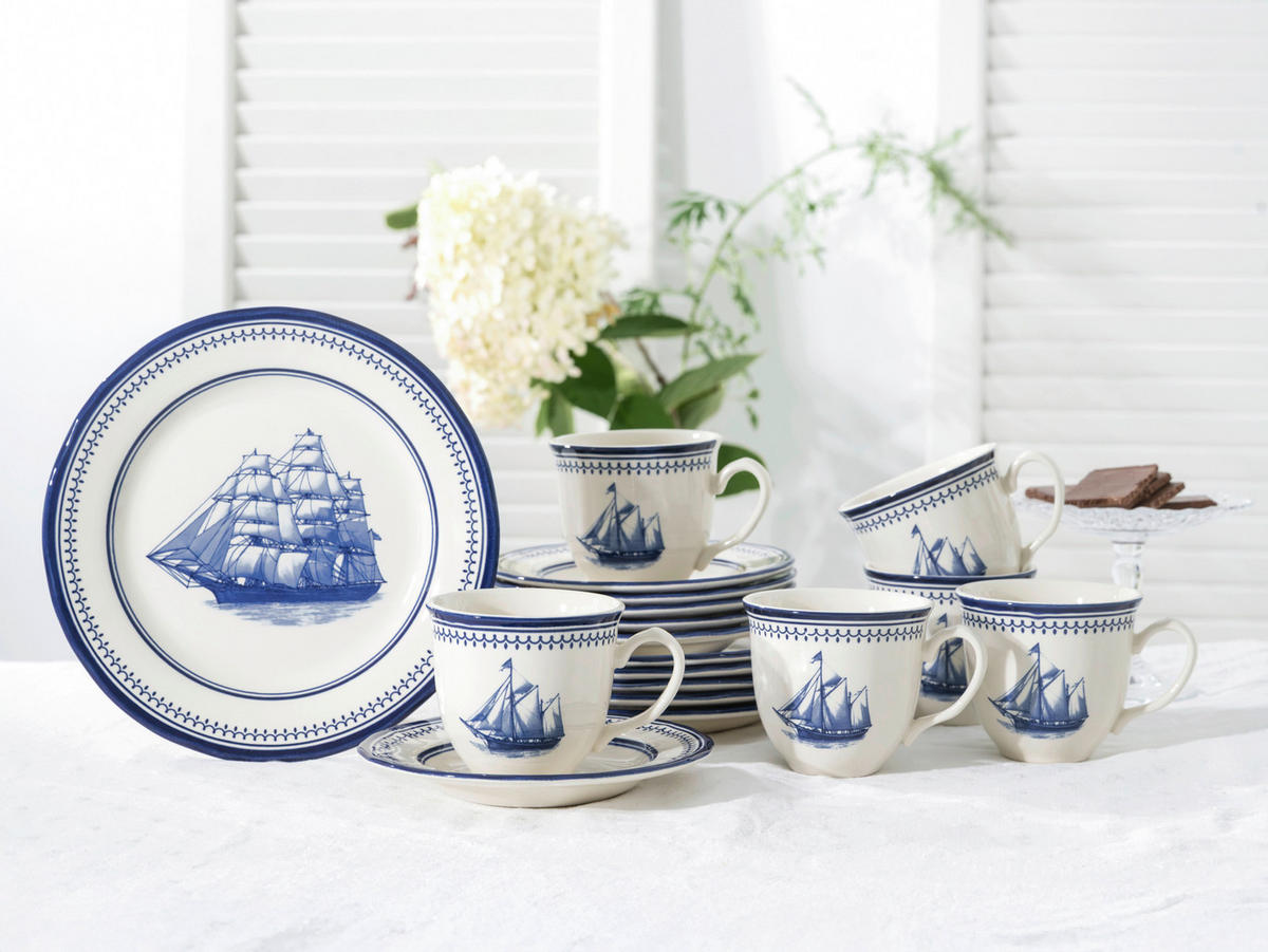 CreaTable Kaffeeservice Segelschiff blau Steingut 18 tlg. Segelschiff - blau/weiß - CreaTable