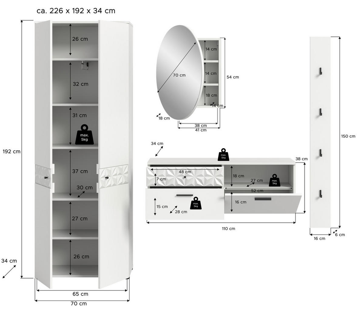 Garderobe Prisma weiß weiß Hochglanz B/H/T: ca. 226x192x34 cm Prisma - weiß (226,00/192,00/34,00cm) - xonox.home
