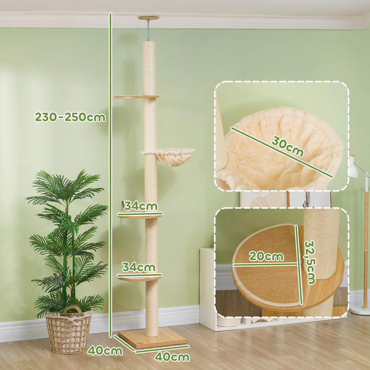 PawHut Kratzbaum Eiche Polyester B/H/L: ca. 40x250x40 cm Kratzbaum - Eiche/cremeweiß (40,00/40,00/250,00cm) - PawHut
