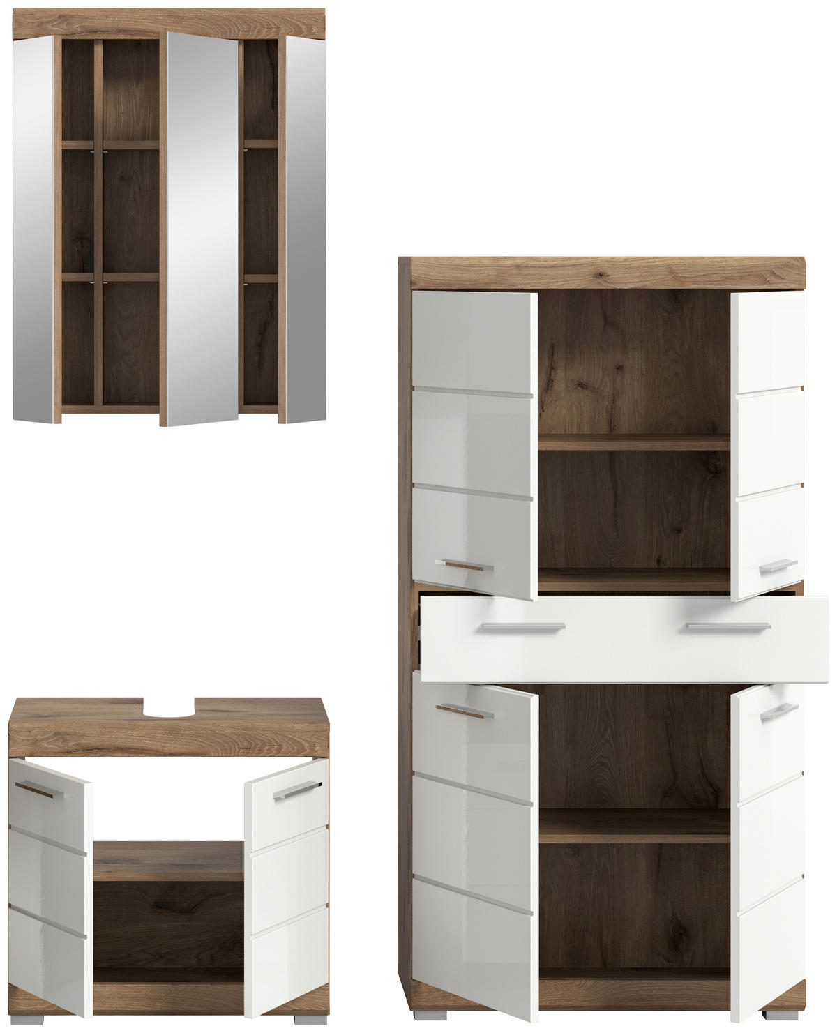 Badezimmer-Set Wave weiß Hochglanz Nox Oak Nachbildung B/H/T: ca. 149x191x34 cm Wave - weiß (149,00/191,00/34,00cm) - xonox.home