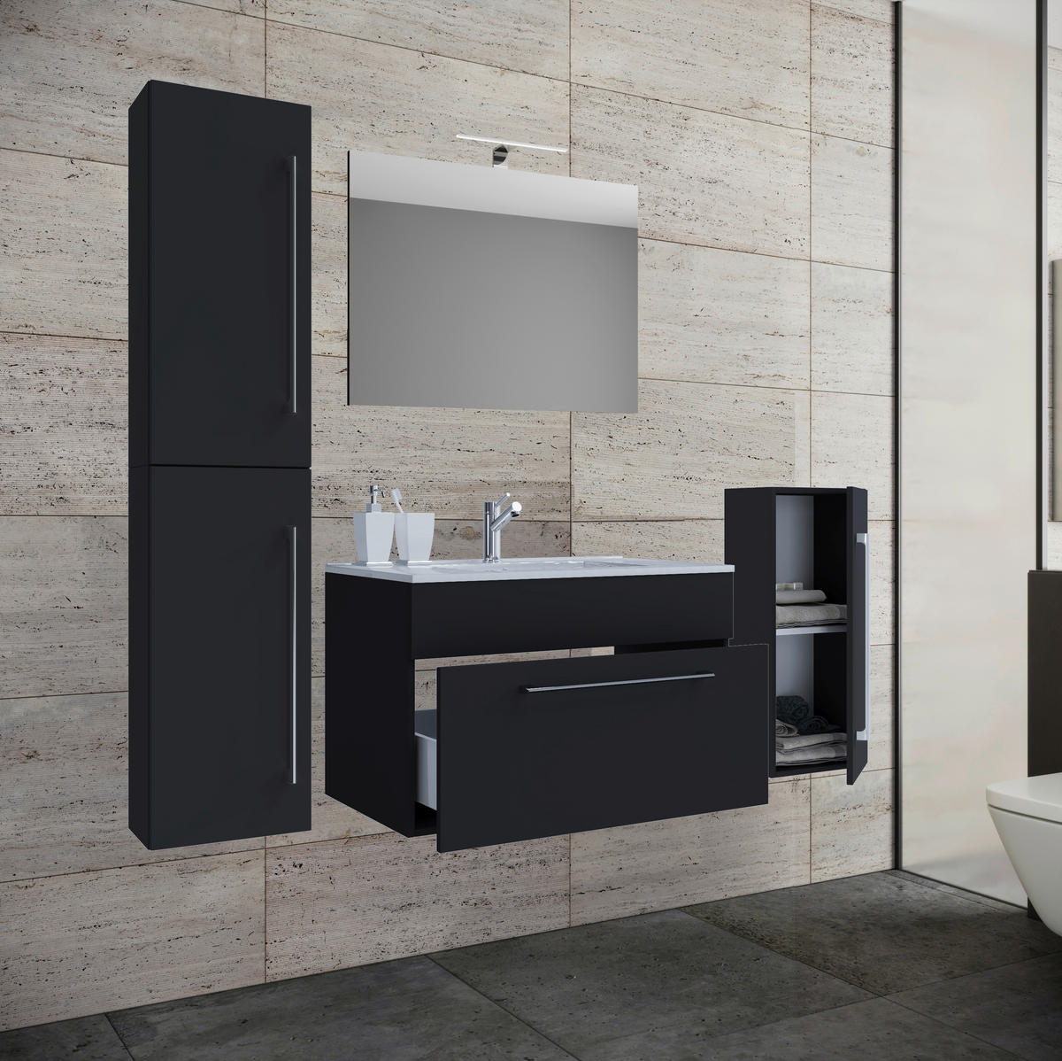 Waschplatz 5tlg-Badinos schwarz B/H/T: ca. 80x50x46 cm 5tlg-Badinos - schwarz (80,00/50,00/46,00cm) - VCM Möbel
