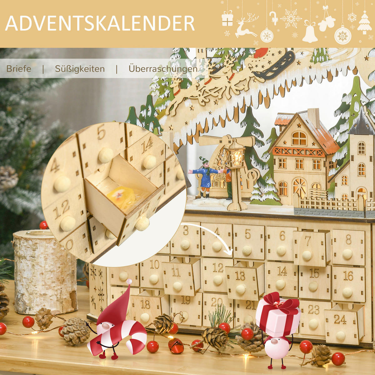HOMCOM Adventskalender Weihnachts-Adventskalender - natur (43,00/13,00/45,00cm) - HOMCOM