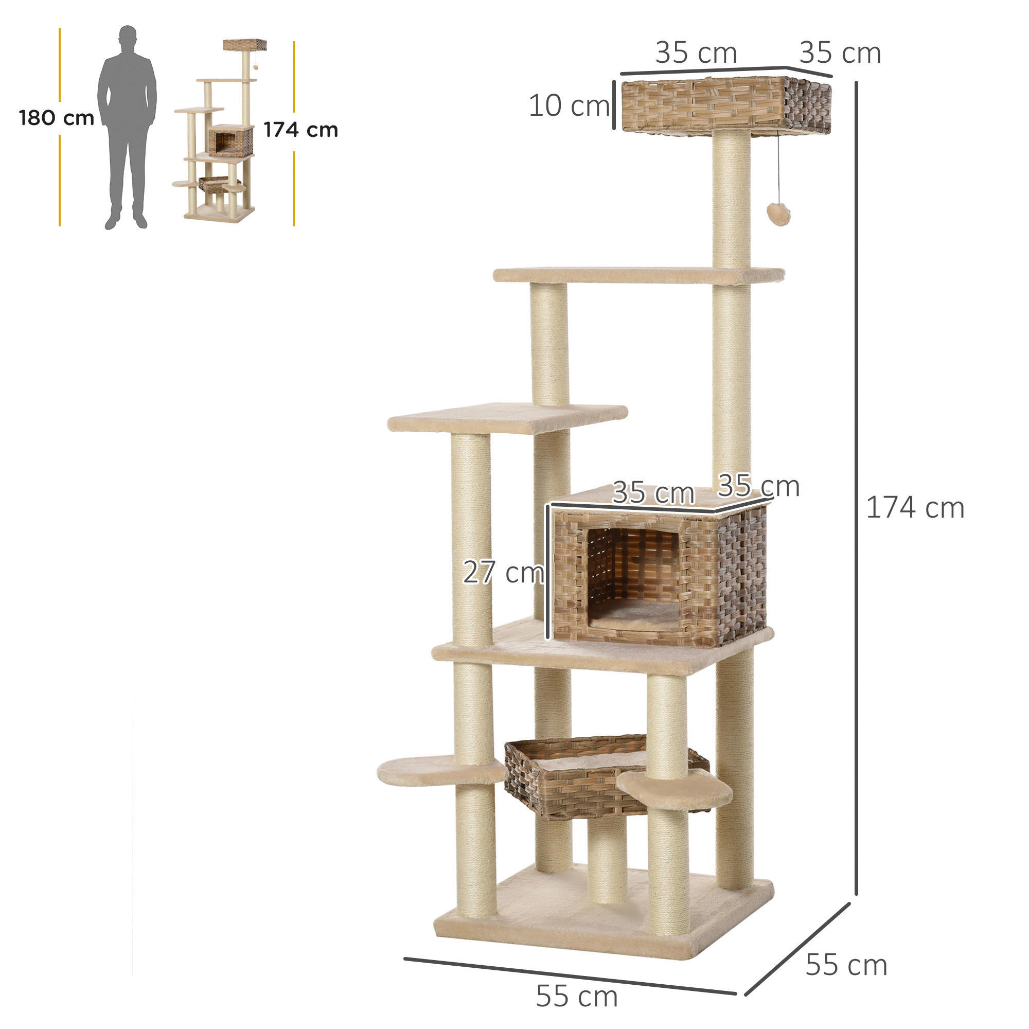 PawHut Kratzbaum Kratzbaum - (55,00/55,00/174,00cm) - PawHut