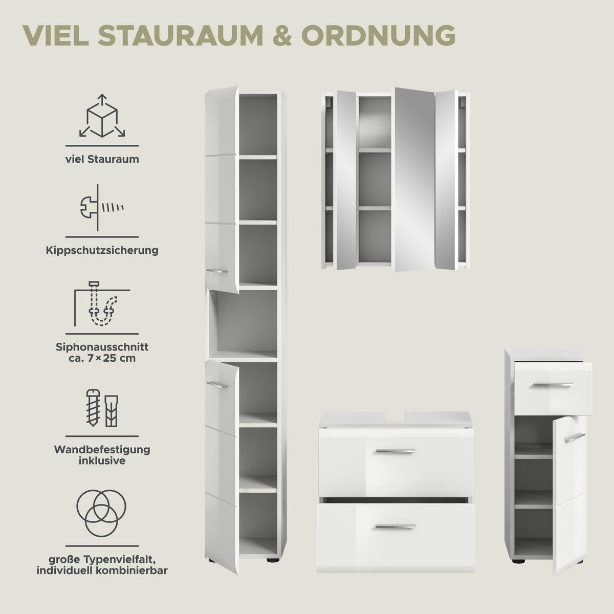 Badezimmer-Set Ice weiß weiß Hochglanz B/H/T: ca. 150x185x30 cm Ice - weiß (150,00/185,00/30,00cm) - xonox.home