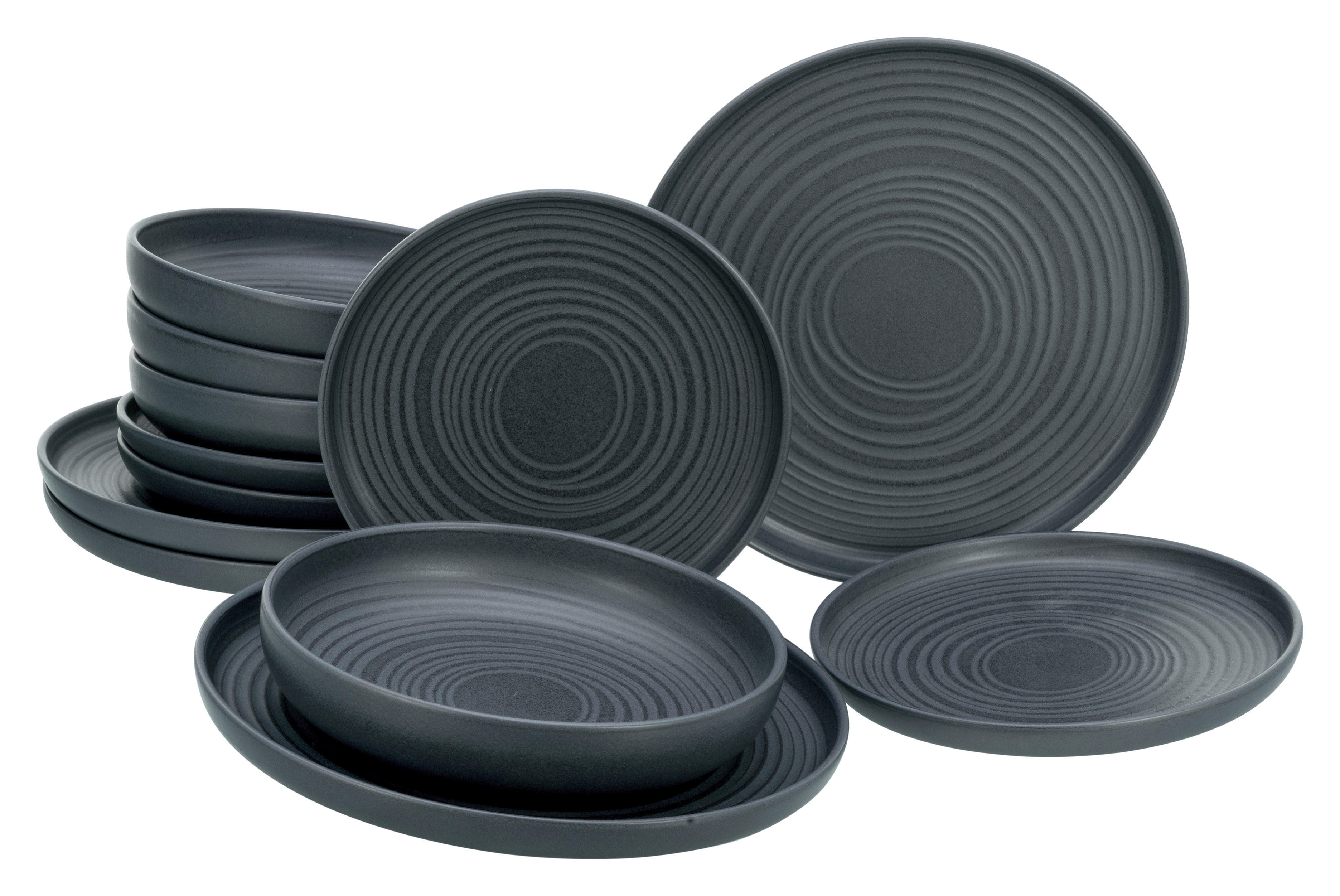 CreaTable Tafelservice Uno Black Lava Stone schwarz Steinzeug 12 tlg. Uno Black Lava Stone - schwarz - CreaTable