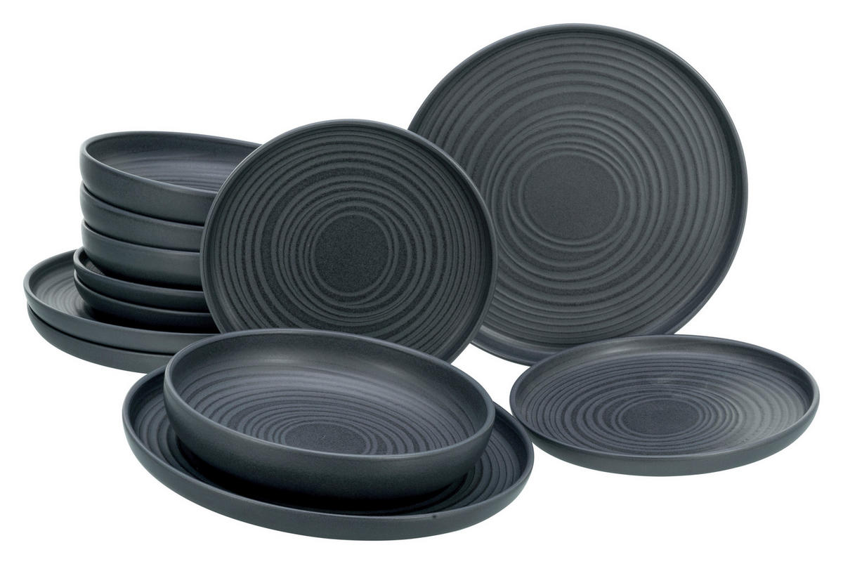 CreaTable Tafelservice Uno Black Lava Stone schwarz Steinzeug 12 tlg. Uno Black Lava Stone - schwarz - CreaTable