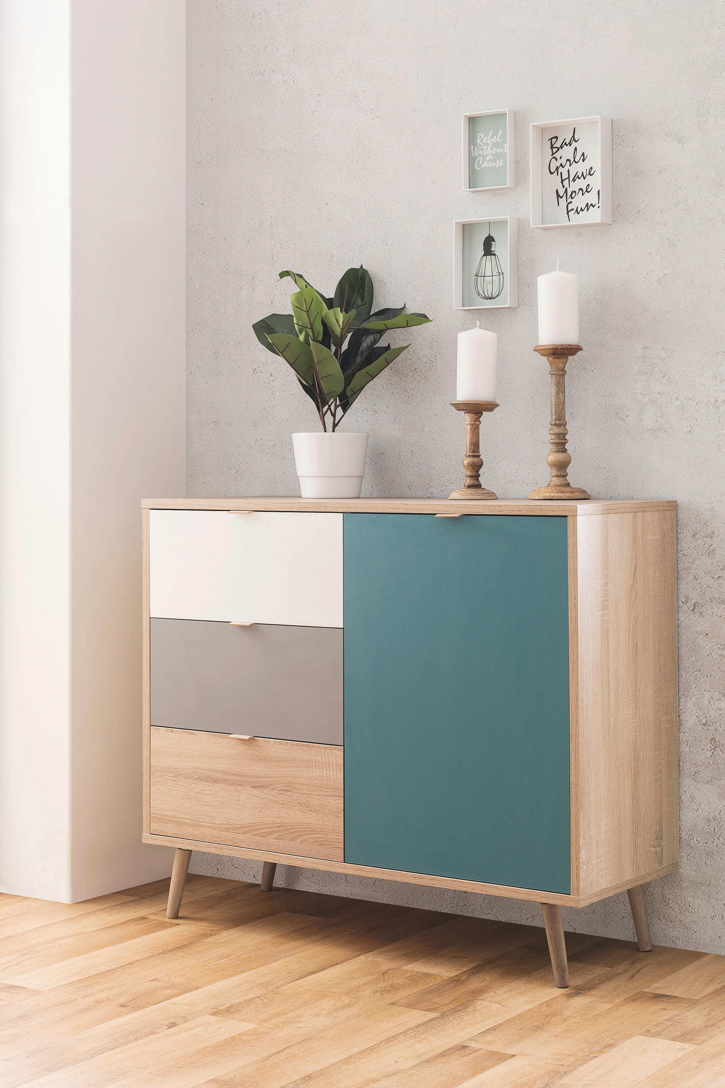 Kommode Cuba Eiche Sonoma Nachbildung weiß grau petrol B/H/T: ca. 103x87x40 cm Cuba - Eiche/weiß (103,00/87,00/40,00cm)