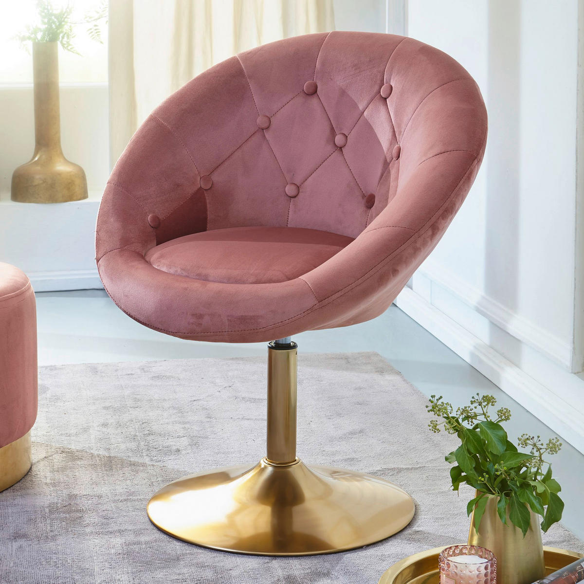 Wohnling Sessel rosa gold Samt Eisen B/H/T: ca. 67x80x62 cm Loungesessel - gold/rosa (67,00/80,00/62,00cm) - Wohnling
