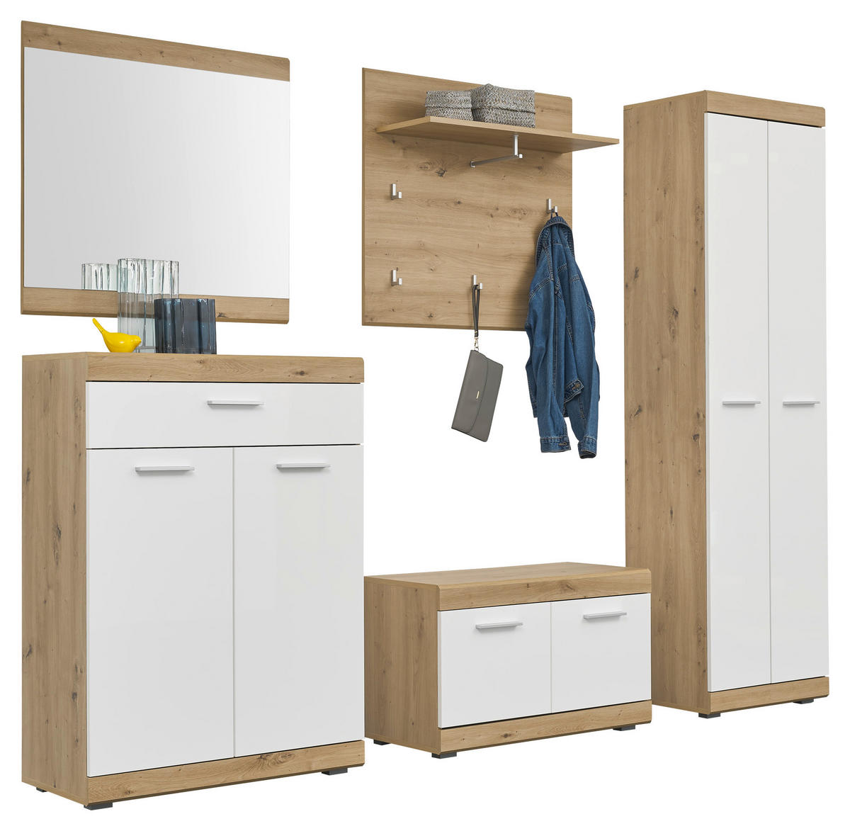 Garderobenschrank Nola Eiche Artisan Nachbildung weiß Hochglanz B/H/T: ca. 55x195x38 cm Nola - Eiche/weiß (55,00/195,00/38,00cm)