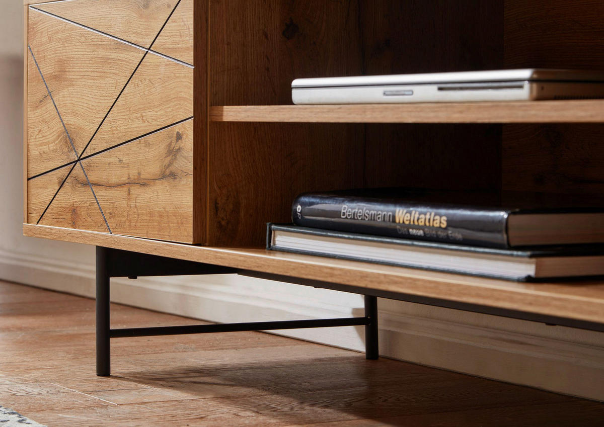 Lowboard Eiche Nachbildung schwarz pulverbeschichtet B/H/T: ca. 160x45x40 cm Lowboard - Eiche/schwarz (160,00/45,00/40,00cm) - Wohnling