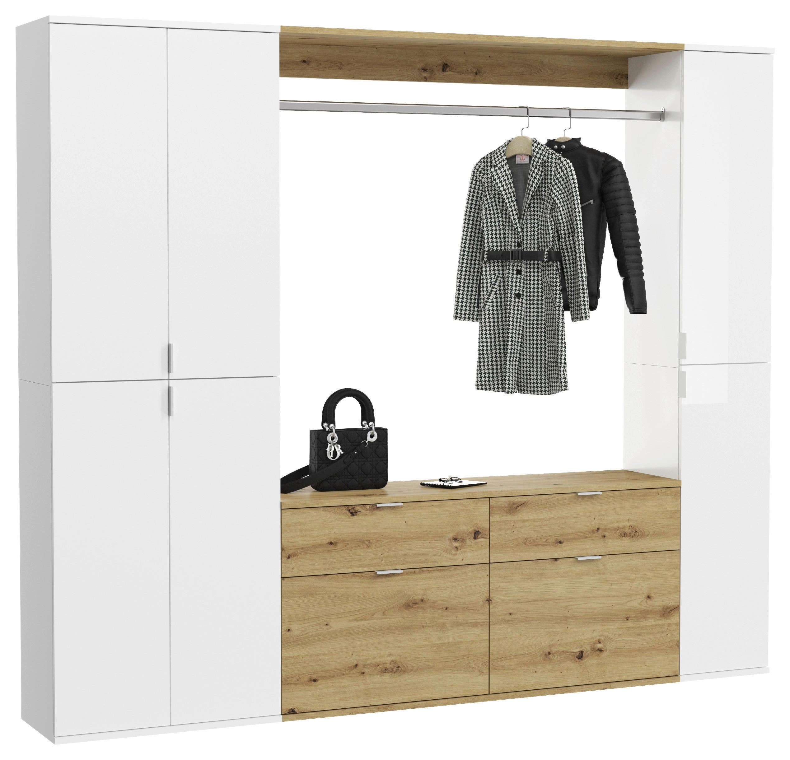 Garderobe PROJEKT weiß Eiche Artisan Nachbildung weiß Hochglanz B/H/T: ca. 212x193x34 cm PROJEKT - Eiche/weiß (212,00/193,00/34,00cm) - xonox.home