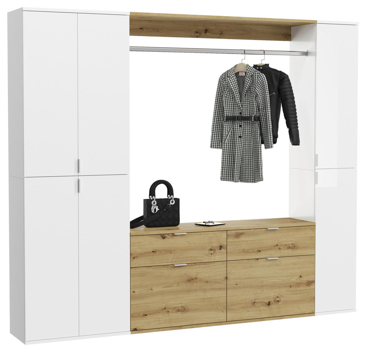 Garderobe PROJEKT weiß Eiche Artisan Nachbildung weiß Hochglanz B/H/T: ca. 212x193x34 cm PROJEKT - Eiche/weiß (212,00/193,00/34,00cm) - xonox.home