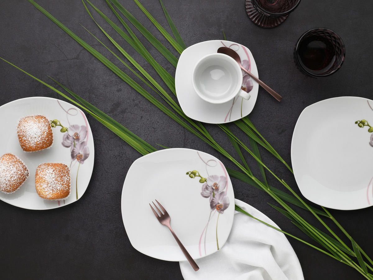 CreaTable Kaffeeservice Square Orchidee weiß Porzellan 18 tlg. Square Orchidee - weiß/mauve - CreaTable