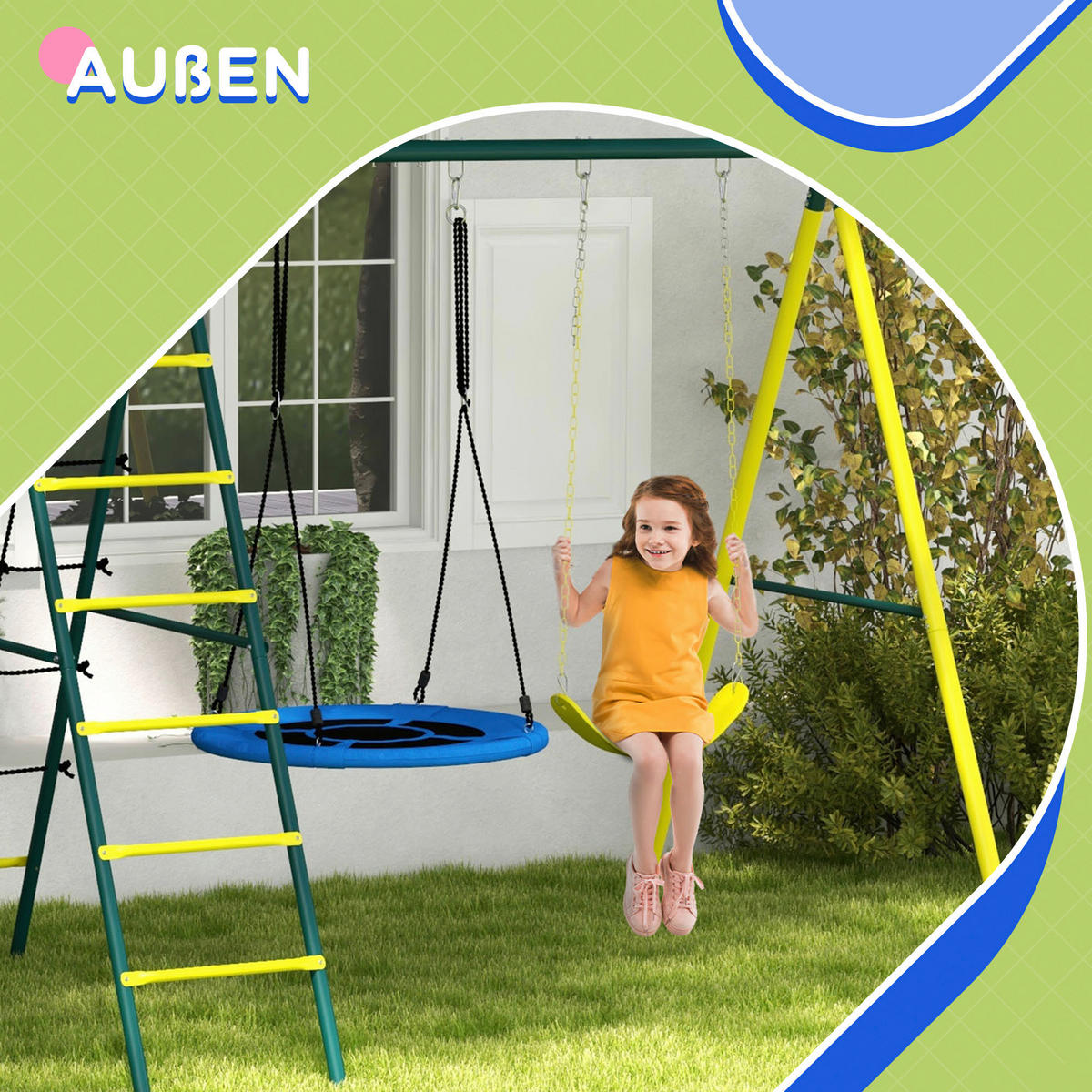 Outsunny Kinderschaukel gelb B/H/L: ca. 180x202x267 cm Kinderschaukel - gelb/grün (267,00/180,00/202,00cm) - Outsunny